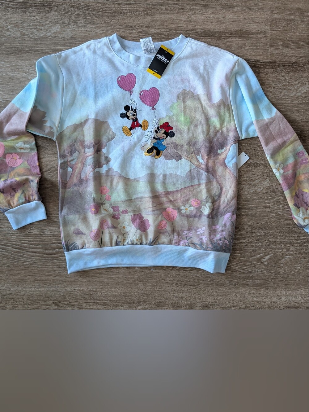 NWT Disney Mickey Minnie Heart Balloon Watercolor Sweatshirt M | Disneycore